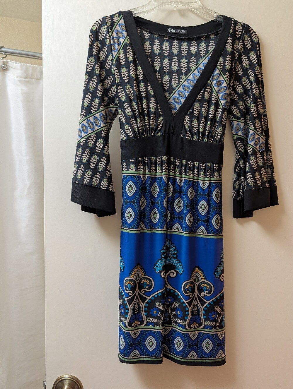 Janette Blue and Black Patterned V-Neck Dress